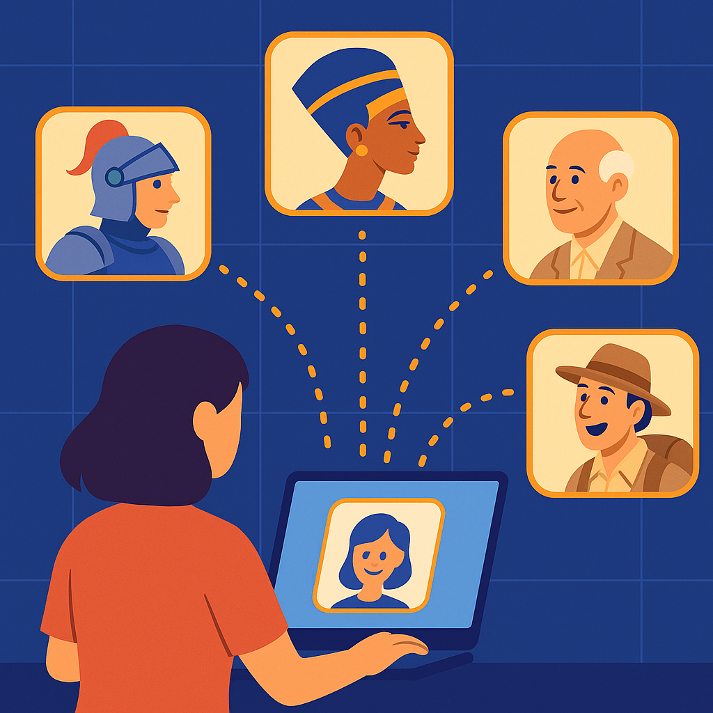Illustration showing a person at a computer creating diverse personas including a knight, Egyptian figure, elderly mentor, and adventurer - representing the variety of custom personas you can create