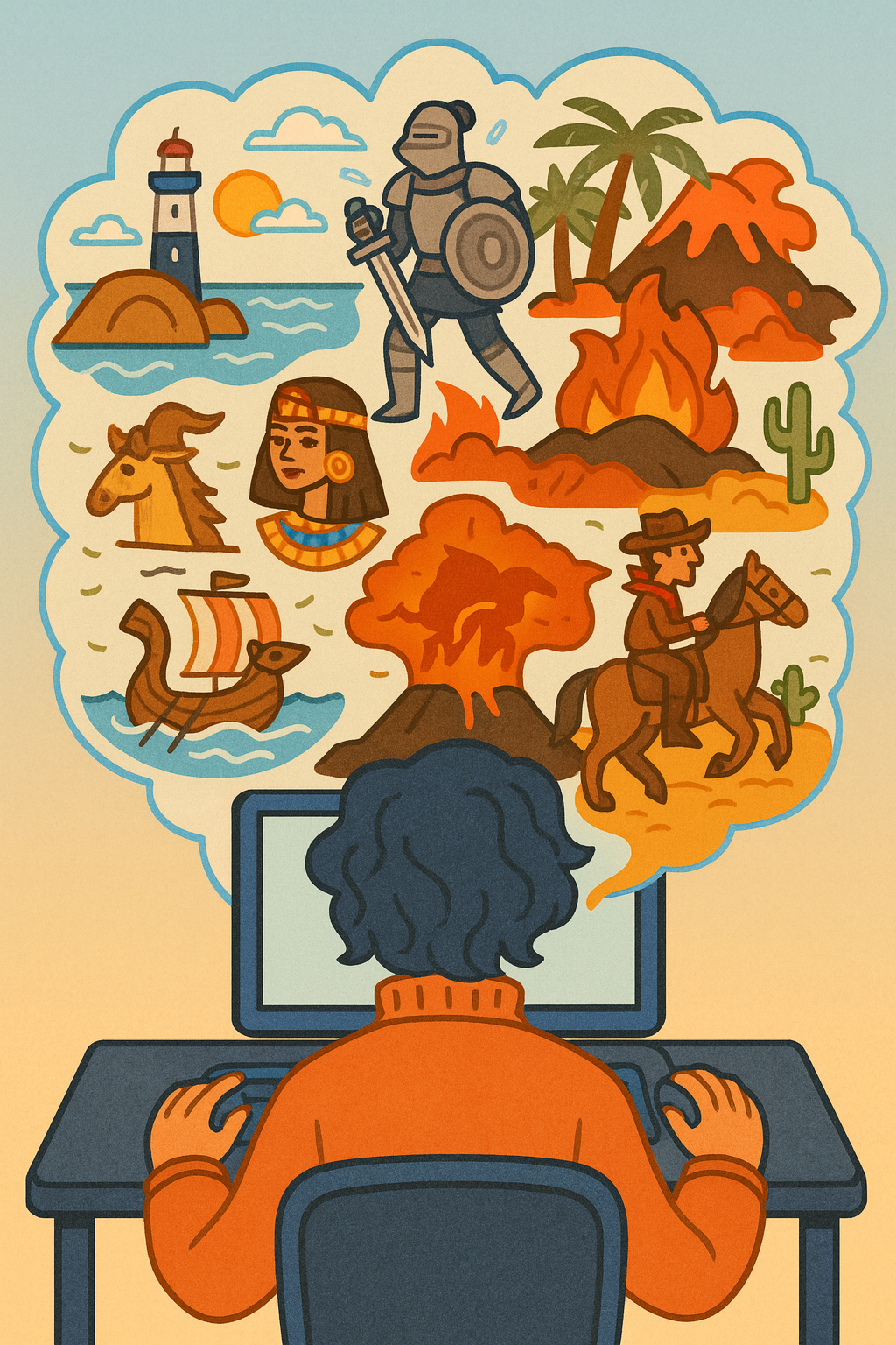 Illustration showing a person at a computer with thought bubble containing diverse scenes including a warrior, Egyptian figure, lighthouse, sailing ship, cowboy, and volcano - representing the variety of images personas can generate